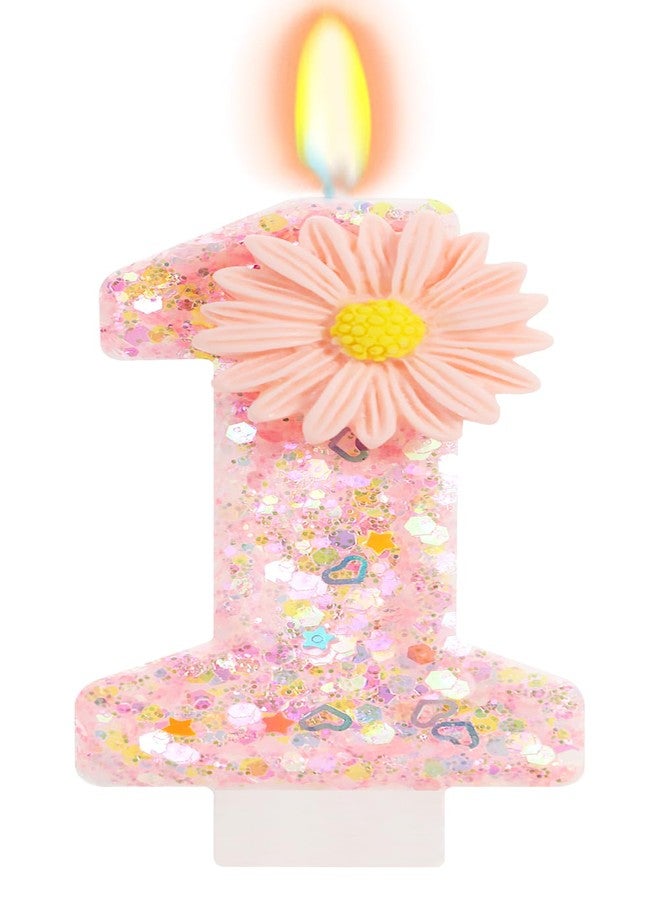 ElekFX Pink Daisy Flower Number 1 Candle with Tray - Fairy First Birthday Decorations for Girls, 2.76 Inch Glitter Cake Topper for Princess & Garden Parties - Image 1